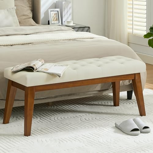 Image of 43.5'' Faux Leather Bedroom Bench, Upholstered End of Bed Bench with Tufted Button, Padded Vintage Dining Bench, Entryway Bench with Solid Wood Legs, Kitchen, Living Room, Hallway, Beige Tufted