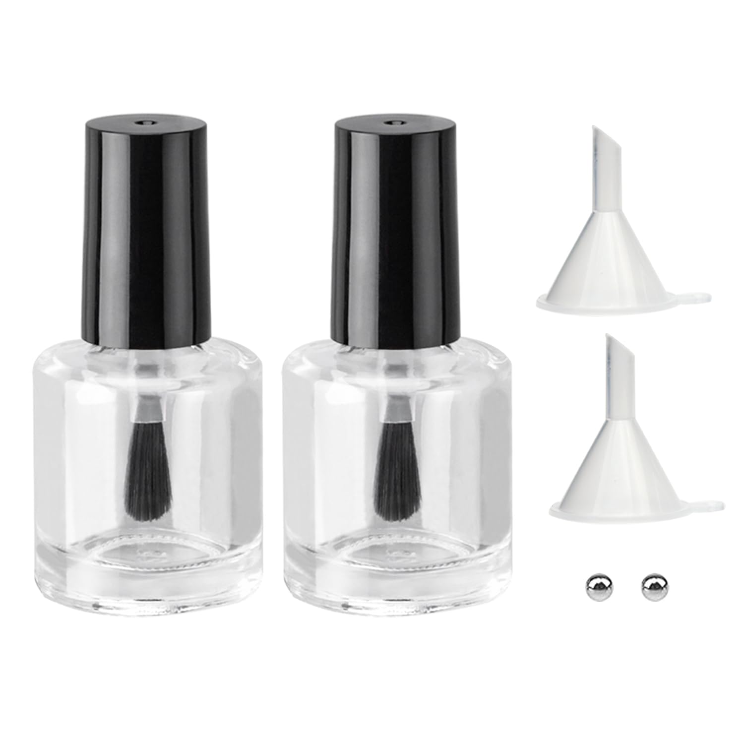 Agidea 2PCS Empty Nail Polish Bottles with Rounded Brush,Empty Glass Clear Refillable Nail Polish Containers Vials with Mixing Balls & Funnels & Black