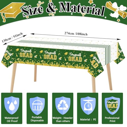 Image of chiazllta Set of 3 Graduation Tablecloths Class of 2026 Congrats Grad Green Graduation Party Tablecover Decorations Party Supplies Large Size Plastic 54 inchx108 inch(Green & Gold)
