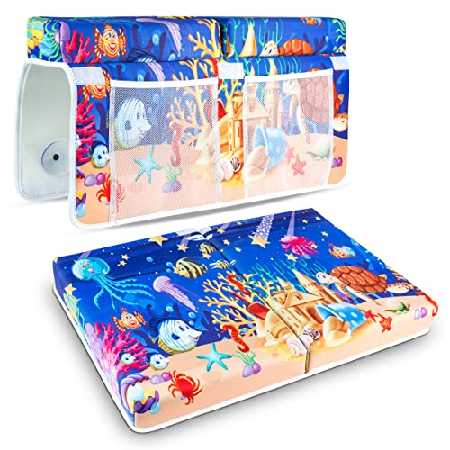 Image of MY LITTLE WATERBUG Baby Bath Kneeler and Elbow Rest Pad | Set Includes Cushioned Kneeling Pad, 2 Inches Thick & 22 Inches Long, Plus Stay-Put Elbow Pad with 8 Suction Cups | Cute Undersea Print