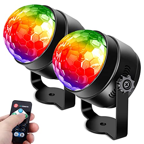 Party Disco Lights, 2 Pack RGB Disco Ball Remote Control DJ Stage Light 3W 3 Colours 7 Mode Sound Activated Strobe for Xmas Party Pub Wedding Club Show