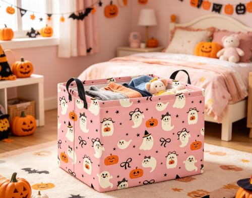 Image of Halloween Basket Cute Baskets for Kids Pumpkin Basket Rectangular Storage Bin Organizer Box Room Decor(Bowknot Ghost)