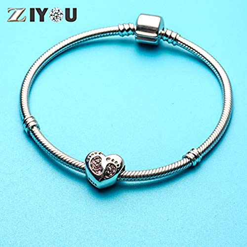 Baby Footprint Heart Charm With October Birthstone For Pandora Mother Day Bracelets - 925 Sterling Silver Mom Love Daughter Pink Feet Beads, Gifts For Girls/Baby Shower Christmas #TOP6