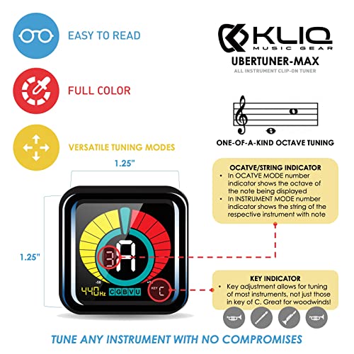 Image of KLIQ UberTuner-MAX USB Rechargeable Clip On Guitar Tuner -Black Version | Acoustic & Electric Guitar, Bass, Ukulele, Violin - Chromatic Tuner with Octave Display, Multi-Instrument Clip-On Tuner