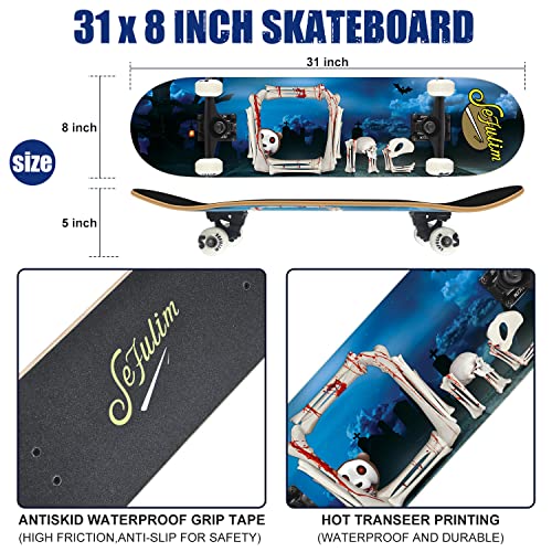 Image of 31 x 8 Inch Complete Skateboard 7 Layer Canadian Maple Double Kick Deck Concave Cruiser Trick Skateboard for Boys Girls Teens Adults Beginner