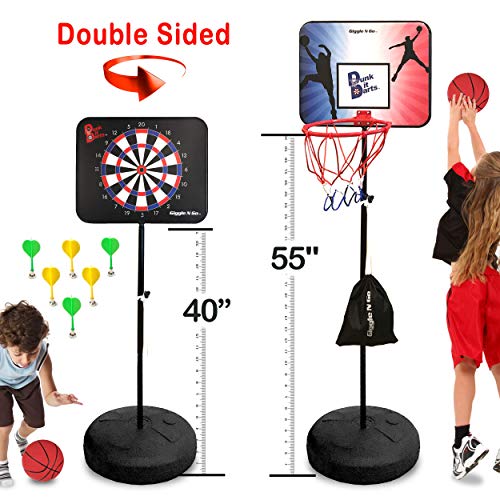 Giggle N Go Magnetic Dart Board and Basketball Game - 2 Fun Kids Games in 1. So Easy to Adjust The Height, Your Kids Will Literally Grow up with it. A Fun Safe Addition to Any Indoor Games Room