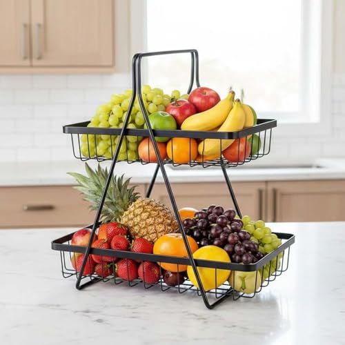 Image of Go Hooked 2 Tier Metal Fruit Basket for Dining Table | Space Saving Countertop Wire Storage Stand for Fruits, Vegetables & Bread | Multipurpose Metal Vanity & Home Organizer with Vertical Design