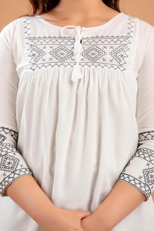 Image of Avayayat Short Kurti for Women | Embroidered Straight Rayon Kurta | Round Neck Full Sleeves Short Kurti for Women's