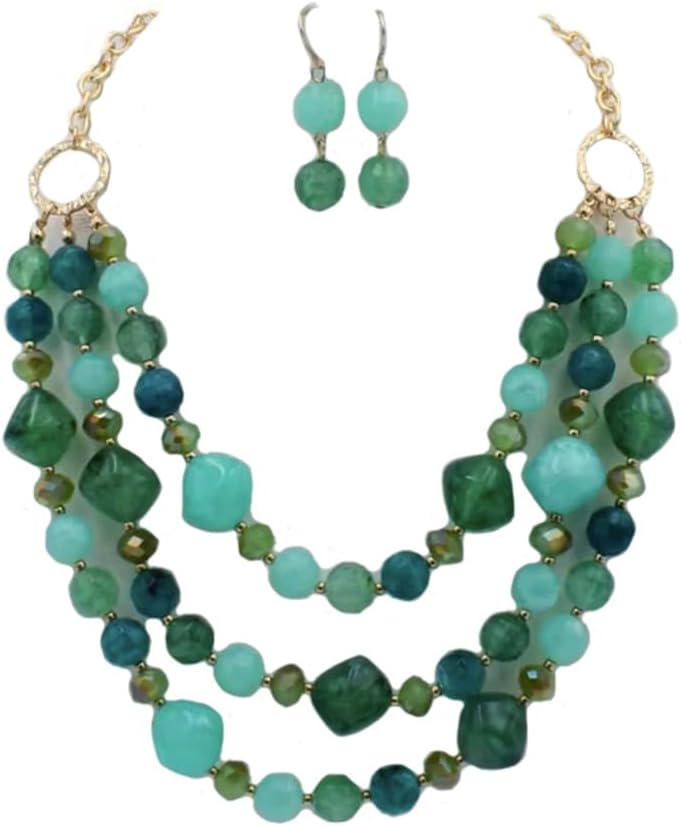 Secret for Longevity Triple Strand Multi Greens Emerald Jade Malachite Olive Colored Resin Big Chunky Collar Statement Necklace