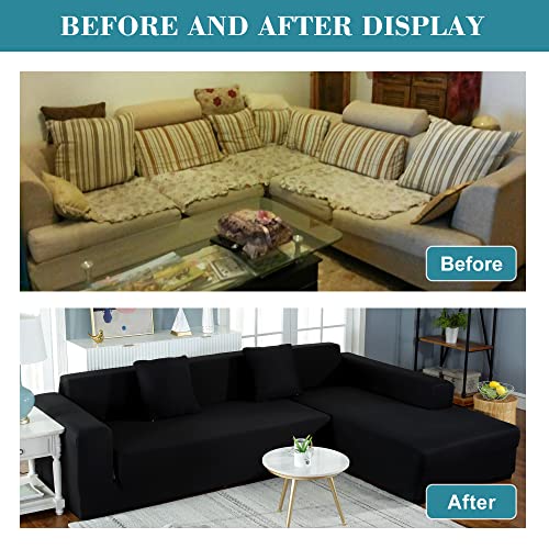 Jin Le Couch Cover L Shape Sectional Sofa Cover Sofa Slipcover Furniture Protector Couch Slipcover For L-Shape Sofa Soft Stretch Slipcovers With 2Pcs Pillowcases (3 Seater And 3 Seater, Black) #TOP5