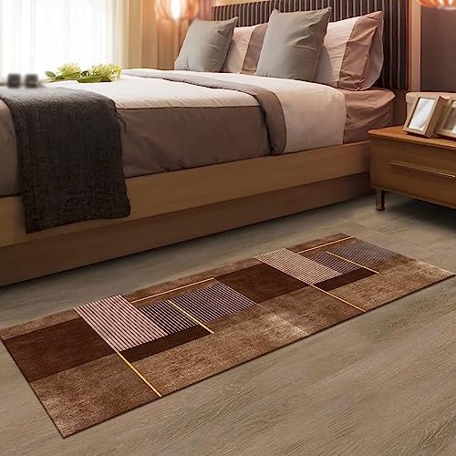 Tapis de couloir lavable 50x350cm marron et jaune en polyester antidérapant