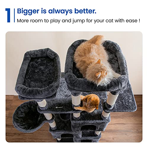 Image of MWPO Extra Large Cat Tree - 70.1-Inch Tall Cat Tower with 3 Cat Condos, Multi-Level Cat Stand for Large Cats Featuring Scratching Posts, Padded Perches, Hammock, Dangling Toys - Smoky Grey