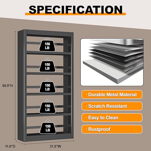 Image of 69 inch Tall Metal Bookshelf, 5-Tier Heavy Duty Bookcase Black | Adjustable Shelves, Open Display Storage, Anti-Tip Safety Design, Ideal for Living Room, Home Office & Garage
