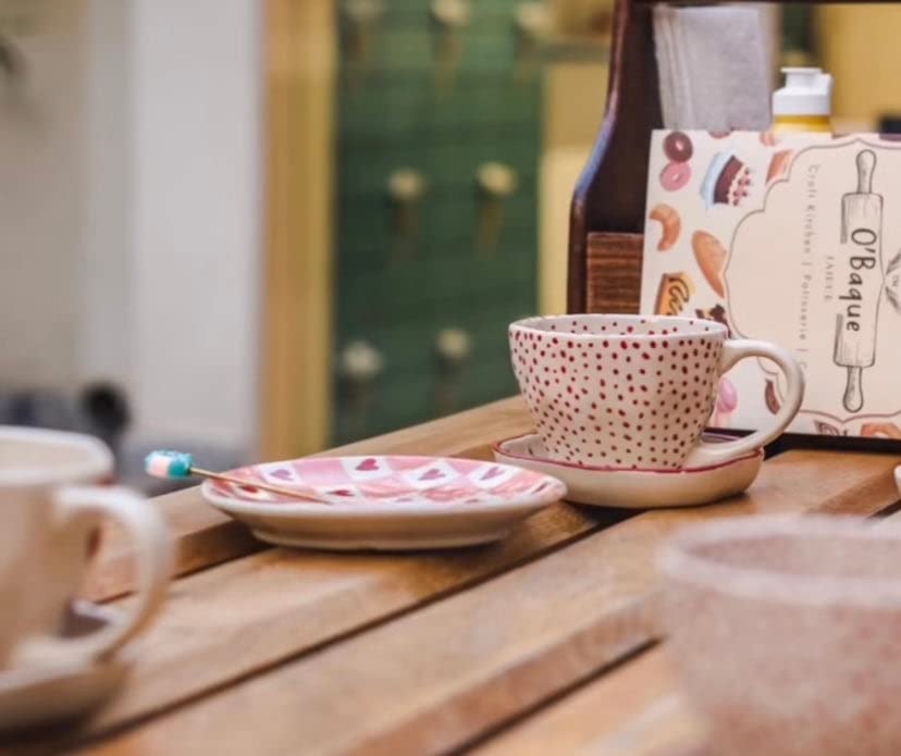 Image of WEAVING HOMES Handcrafted Red Polka Mug & Red Polka Handmade Dessert Plate (Set of 2)