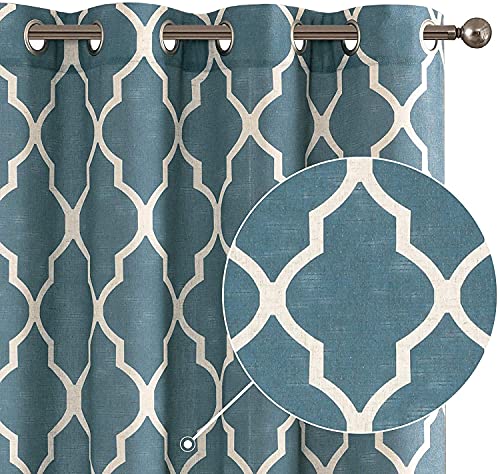 jinchan Curtains Blue Linen Living Room Drapes Light Filtering Moroccan Tile Print Drapes Bedroom Curtain Flax Textured Geometry Lattice Grommet for Dining Room 96 Inch Length 2 Panels