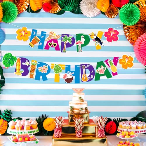 Image of Hawaiian Happy Birthday Banner Tropical Birthday Banner Colorful Hawaiian Luau Flamingo Pineapple Palm Leaf for Kids Summer Baby Shower Party Decorations Supplies