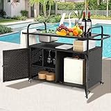 Villeston Wicker Outdoor Bar Cart with Ice Bucket, Patio Bar Table with 2 Ratten Doors Cabinet and Casters for Grill, Kitchen and Garden,Black