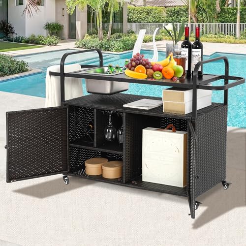 Villeston Wicker Outdoor Bar Cart with Ice Bucket, Patio Bar Table with 2 Ratten Doors Cabinet and Casters for Grill, Kitchen and Garden,Black