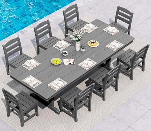 Image of SERWALL 9 Piece 84 inch HDPE Outdoor Dining Set for 8 with Armless Chairs and Umbrelle Hole, Gray