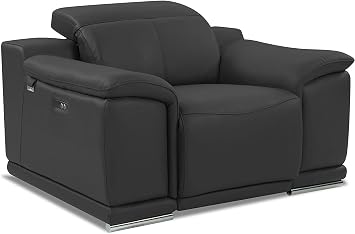 Blackjack Furniture Lorenzo Top Grain Italian Leather Power Reclining Chair for Living Rooms, USB Chargers and Adjustable Headrests, 1 Seater, Dark Gray