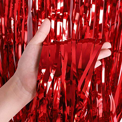 Xtozon 2pcs 3.3ft x 8.3ft Metallic Fringe Curtains Foil Fringe Curtain, Tinsel Curtain Photo Booth Props Backdrops for Birthday Wedding Bridal Baby Shower Celebration Party Decorations (Red)