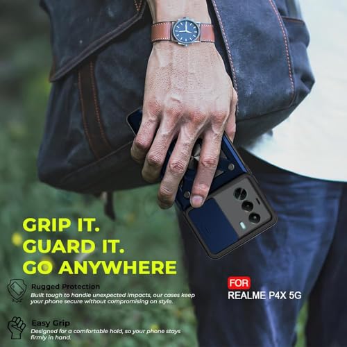 Image of AIBEX Back Cover Compatible for OnePlus Nord CE 6 Lite 5G / Realme P4X 5G | D10 Tough Armor Case | Sliding Camera Shield | 360 Protection | Kickstand Ring Holder | Military-Grade Bumper Case - Blue