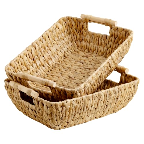 StorageWorks Hand-Woven Storage Baskets with Wooden Handles, Water Hyacinth Wicker Baskets for Organizing, 2 Pack