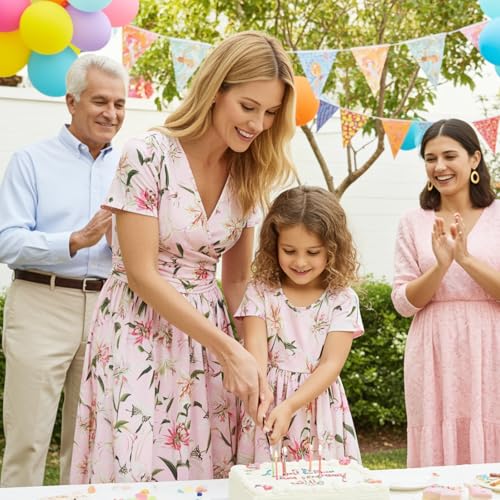 Image of Mommy and Me Floral Dresses Mother Daughter Matching Short Sleeve Tshirt Midi Dress Crew Neck Outfits with Pockets