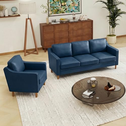 Image of Kingfun Living Room Furniture Sets, 3 Seater Couch and Armchair, Mid Century Modern Sofa Set, Faux Leather Couch with Solid Wood Frame for Living Room & Bedroom, Blue