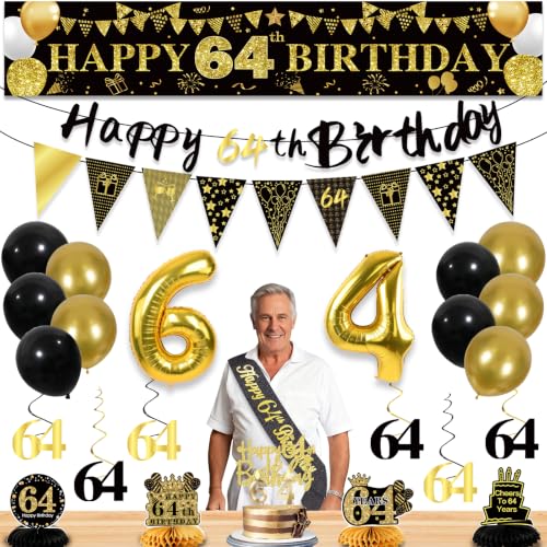 Image of 64th Birthday Decorations for Men, Black Gold 64th Party Decoration Kits | 27pcs Happy 64th Birthday Set, Banner, Honeycomb, Balloons, Gold Number, Candle, Hanging Swirls, Cake Topper, Party Supplies
