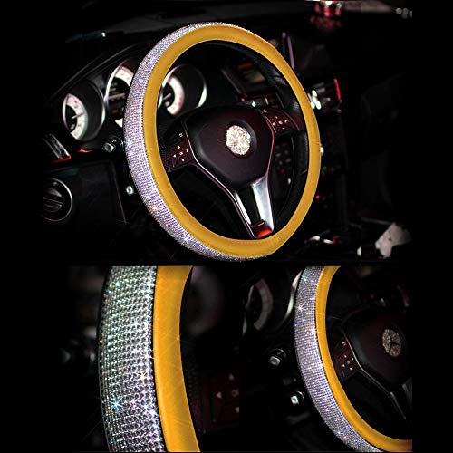 Otostar Luxury Litchi Soft Leather Crystal Steering Wheel Cover, With 3444Pcs Premium Bling Bling Full Diamond 15 Inch (Yellow) #TOP7