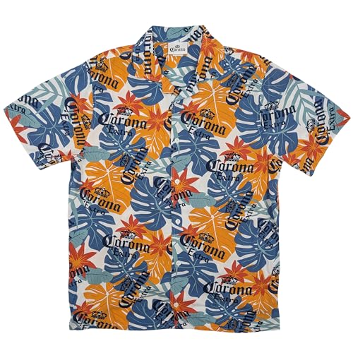 Ripple Junction Corona Tropical Leaf Pattern with Logo Camp Collar Mens Button Down Shirt Multi-Color Large