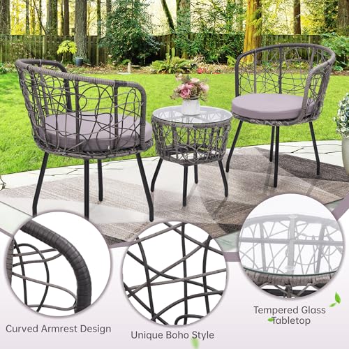 Image of Kromax 3-Piece Patio Modern Bistro Set, Grey /Grey | Outdoor All-Weather Wicker Furniture Chairs and Side Table Set, Ideal for Balcony, Porch and Backyard