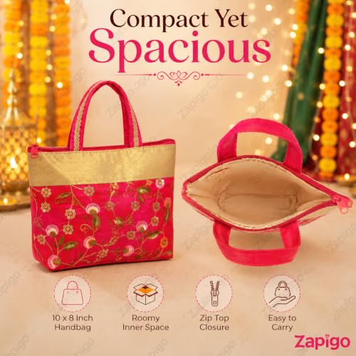 Image of Habba Embroidery Design Hand Bag for Women, Padded Handles, Zip Closure, Compact Ethnic Festive Wedding, Mehendi, Haldi Kumkum, Tamboolam, Shagun, Return Gift Bag for Guests, Pack of 5