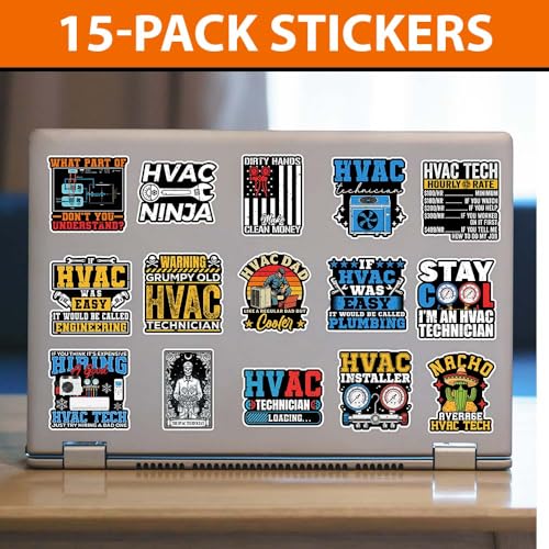 Image of MAIANEY (15Pcs-3in) HVAC Technician Sticker Pack - Funny HVAC Tech Stickers for Toolbox, Helmet, Laptop, Water Bottle, Work Gear, Durable Waterproof Vinyl Decals Gift for Mechanics