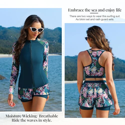 Jasambac Women'S Upf 50+ Rash Guard Long Sleeve 3 Piece Zip Up Swimsuit Uv/Sun Protection Swim Shirts Built In Bra Floral Athletic Swim Wear Pink Flower L thumb #3