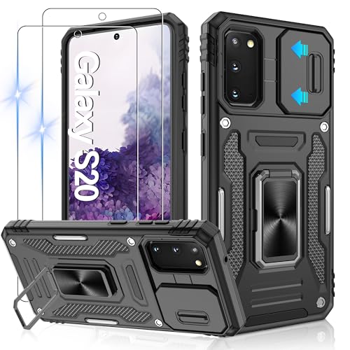 Jshru Hülle für Samsung Galaxy S20 Handyhülle Kameraschutz mit 2 Stück Schutzfolie Militärstandard Stoßfest Schutzhülle 360 Metall Ring Ständer Case für Galaxy S20 Schwarz