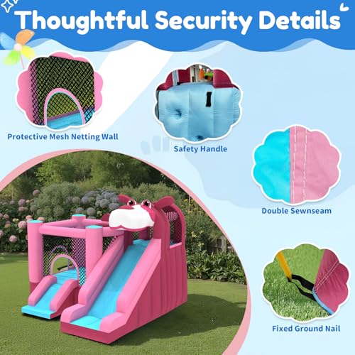 MUKDIY Inflatable Bounce House Double Slide, 9.5ft x9.5ft Jumping Castle for Kids,Heavy-Duty 840D Oxford Fabric, Ages 3-8, Includes 350W Blower, 8 Stakes, Repair Kit (Up to 3 Kids), Pink & Blue - Image 6