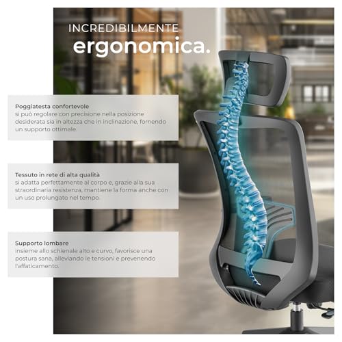 ® Sedia da Ufficio Ergonomica Tessuto a Rete, Schienale Alto con Poggiatesta Regolabile, Sedia Ufficio con Supporto Lombare, Altezza Regolabile, Braccioli Regolabili in 10 Posizioni - Nero - Sedia gaming - Immagine 4