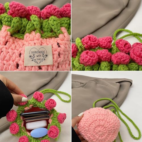 Handmade Crochet Rose Drawstring Bag, Romantic Flower Bouquet Crossbody Purse for Women, Kawaii Floral Knit Satchel Handbag2