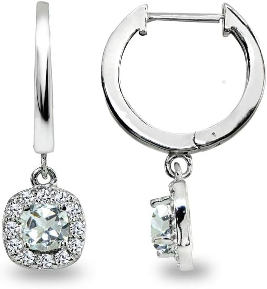 Sterling Silver Genuine or Synthetic Gemstone & CZ Cushion-Cut Halo Small Dangle Huggie Hoop Earrings
