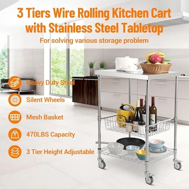 3 Tiers Kitchen Rolling Cart, 36.6x20x24 Wire Rolling Cart with Brake Wheels, 470LBS Capacity Steel Trolley with Storage Basket, Rolling Kitchen Carts for Indoor & Outdoor-r2SdngOE