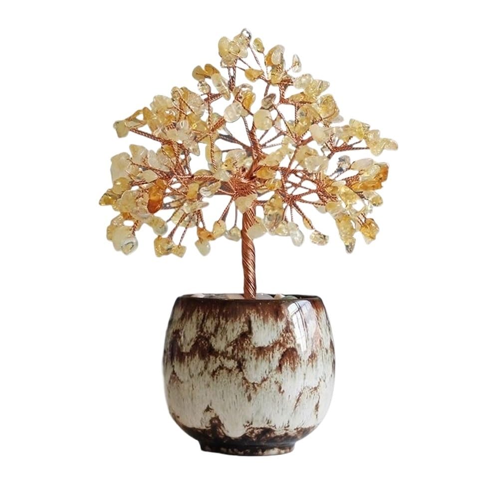 Fortune Crystal Trees Crystal Tree Ornament for Living Room, Office Feng Shui Decoration, Gemstone Attracting Wealth Ornaments(Beige)