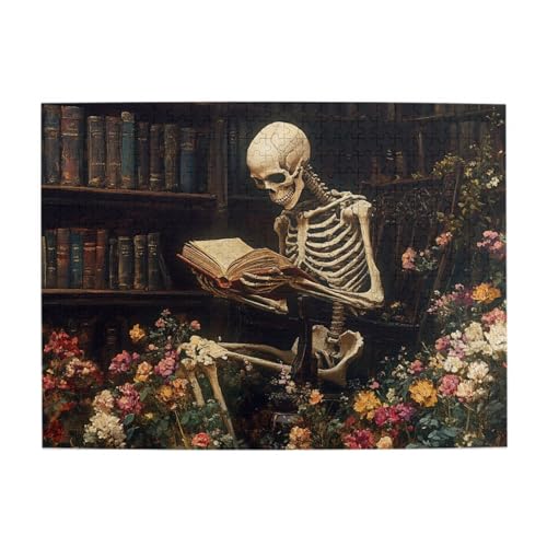 500 Piece Adults Wooden Jigsaw Puzzle Skeleton in Ornate Chair Open Book Dark Library with Towering Bookshelves Creative Play Holiday Party Gifts Artwork Wall Home Decor