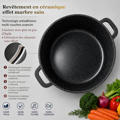 GOLDMANN Casserole/Marmite Aluminium, 28 cm, 10 L, revêtement antiadhésif en céramique effet marbre, couvercle en verre, compatible induction et tous feux, passe au four et sans PFOA – vue 3