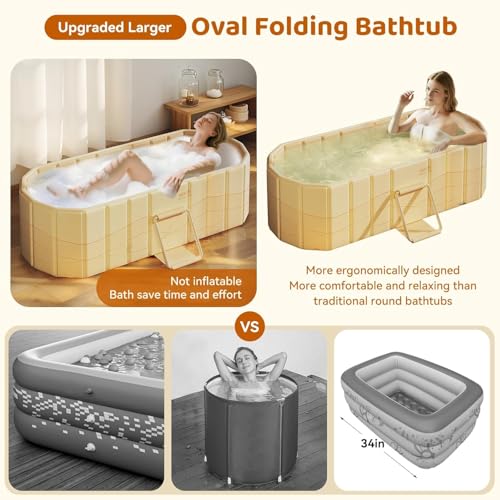 Image of Adult Foldable Bathtub for Adults, Extra-Large Collapsible Soaking Tub with Temp Meter, Drain Pipe & Cushion, Portable Hot Cold Water Bath Tub for Home Spa (Beige)