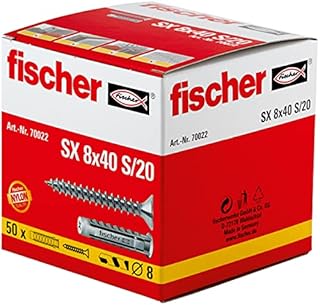 fischer 70022 SX Expansion Wall Plugs with Rim and Screws, 8 x 40 mm, Grey, Box of 50