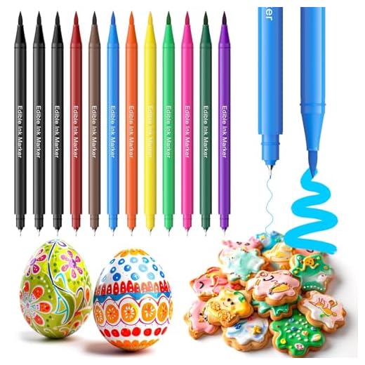 Edible Markers for Cookie Decorating,12Pcs Ultra Fine Tip(0.5mm) Food Coloring Pens, Upgrade Double Side Food Grade Pens for Decorating Fondant Cakes,Easter Eggs,Frosting,Macaron(10 Colors)