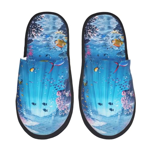Colorful Ocean Theme printing Fall Winter Fuzzy Slippers Comfy House Shoes,Portable for Hotel Travel Gifts for Women and Men3