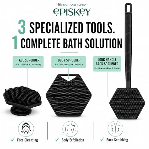 Image of Episkey Ultimate Trio Bath Scrubber Combo | 3-in-1 Silicone Face, Body & Back Scrubber Combo | Deep Cleansing & Gentle Exfoliation | Long Handle for Hard-to-Reach Areas | Bath Accessories for Men & Women